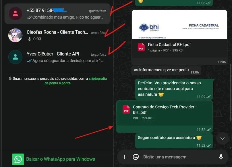 Prints de clientes que contrataram o serviço de API Oficial do WhatsApp