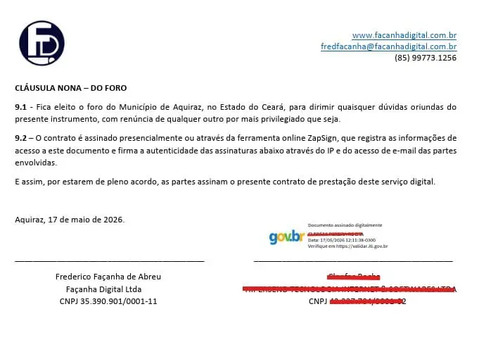 Print mostrando contrato assinado para o serviço de API Oficial do WhatsApp