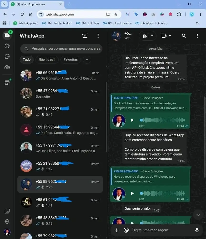 Prints de leads interessados no serviço de disparo em massa pela API Oficial do WhatsApp