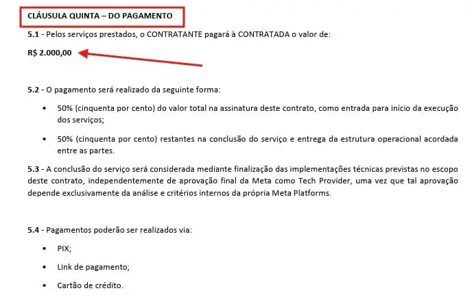 Print mostrando o valor do serviço de implementação de API Oficial do WhatsApp